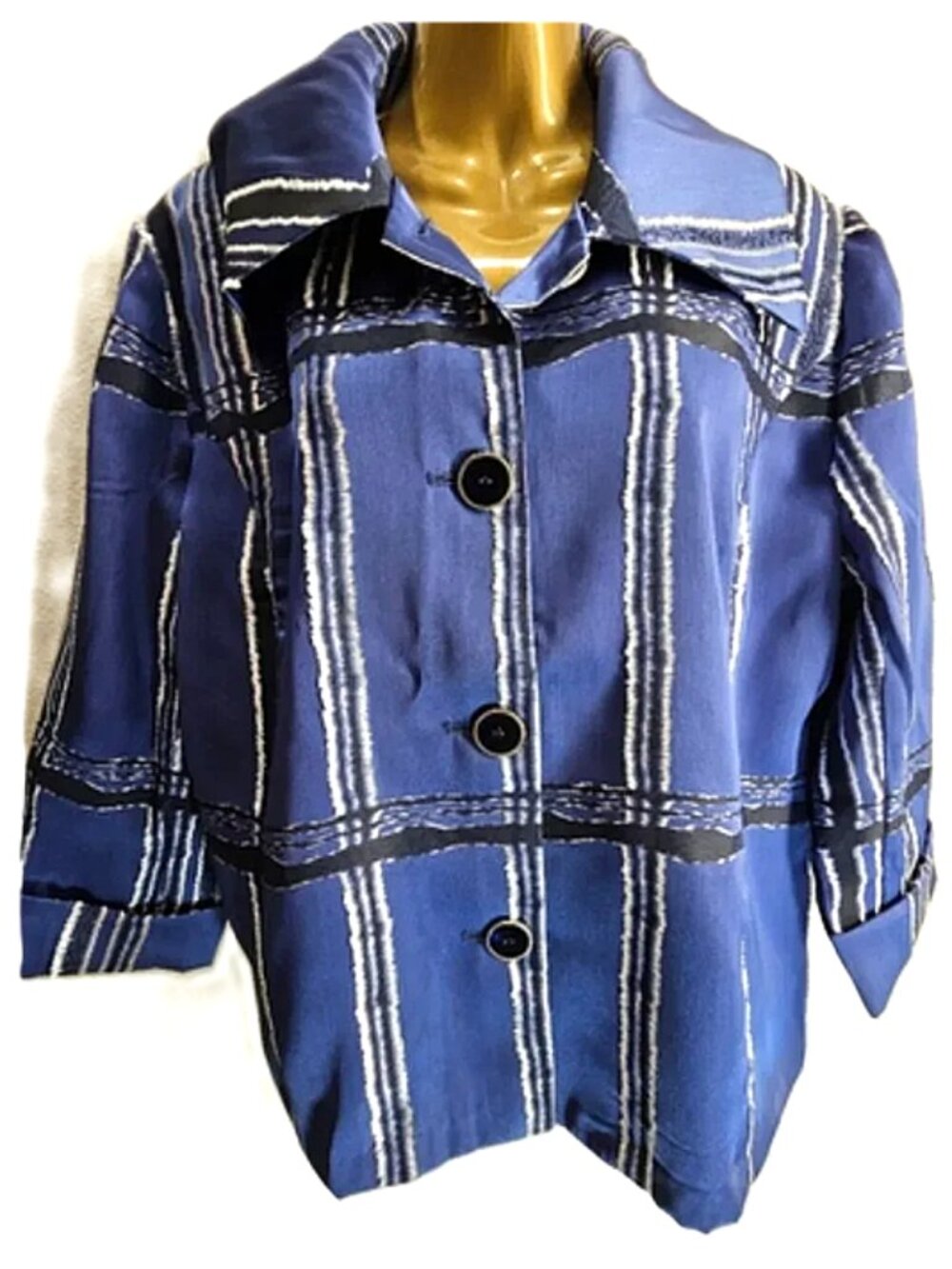 Chicos Blue Satin Like Shiny Polyester Unique Button Jacket size 3